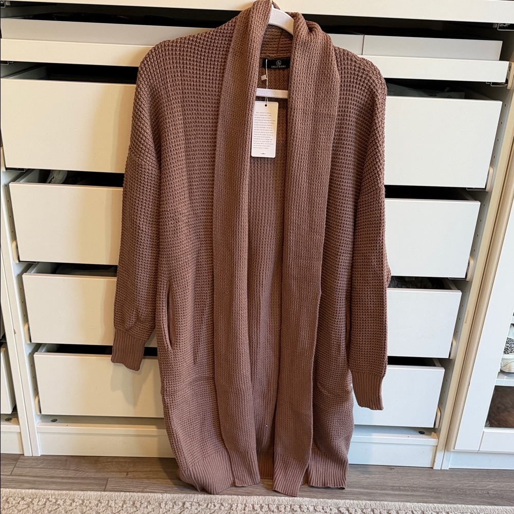 Longline Open-Front Waffle Knit Cardigan - Mauve Brown